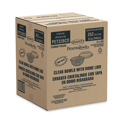 Presentabowls Bowl/Lid Combo-Paks, 32 Oz, 7.25" Diameter x 2.88" h, Clear, Plastic, 63/Pack, 2 Pack/Carton