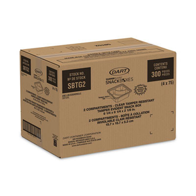 Tamperguard Snack Boxes, 2 Compartments, 6.3 x 6.3 x 2.1, Clear, Plastic, 300/Carton