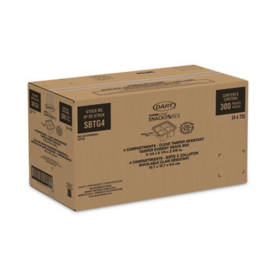 Tamperguard Snack Boxes, 4 Compartments, 6.3 x 6.3 x 2.6, Clear, Plastic, 300/Carton