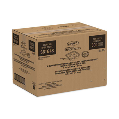 Tamperguard Snack Boxes, 4 Compartments, 6.3 x 6.3 x 1.8, Clear, Plastic, 300/Carton