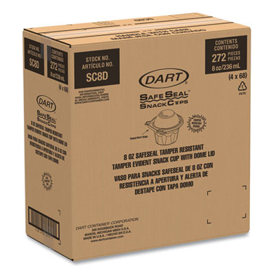 Clearpac Safeseal Tamper-Resistant, Tamper-Evident Containers, Snack Cup, Domed Lid, 8 Oz, Clear, Plastic, 272/Carton