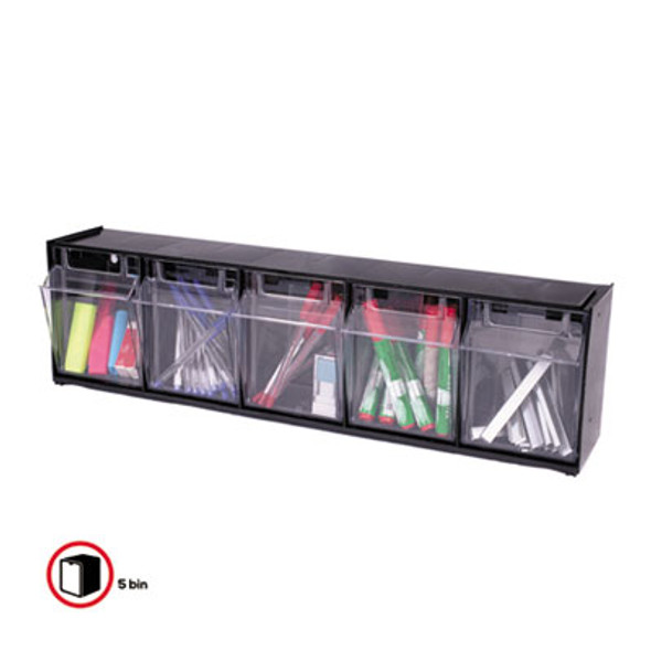 Tilt Bin Interlocking Multi-Bin Storage Organizer, 5 Sections, 23.63" X 5.25" X 6.5", Black/Clear