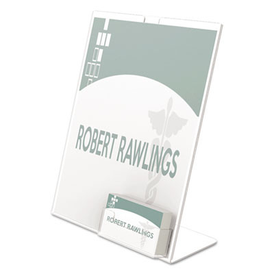 Superior Image Slanted Sign Holder With Business Card Holder, 8.5w x 4.5d x 11h, Clear