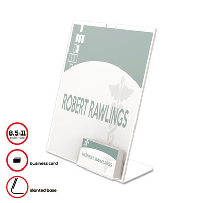 Superior Image Slanted Sign Holder With Business Card Holder, 8.5w x 4.5d x 11h, Clear