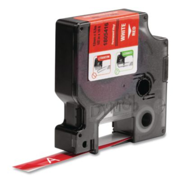 Rhino Permanent Vinyl Industrial Label Tape, 0.5" X 18 Ft, Red/White Print