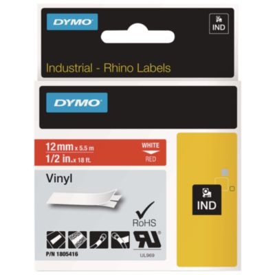 Rhino Permanent Vinyl Industrial Label Tape, 0.5" X 18 Ft, Red/White Print
