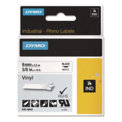 Rhino Permanent Vinyl Industrial Label Tape, 0.37" X 18 Ft, White/Black Print
