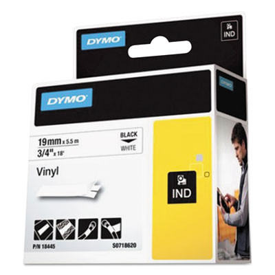 Rhino Permanent Vinyl Industrial Label Tape, 0.75" X 18 Ft, White/Black Print