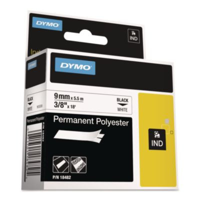 Rhino Permanent Poly Industrial Label Tape, 0.37" X 18 Ft, White/Black Print