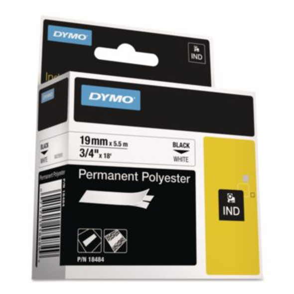 Rhino Permanent Poly Industrial Label Tape, 0.75" X 18 Ft, White/Black Print