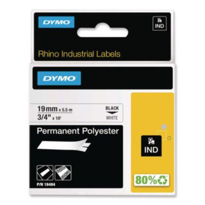 Rhino Permanent Poly Industrial Label Tape, 0.75" X 18 Ft, White/Black Print