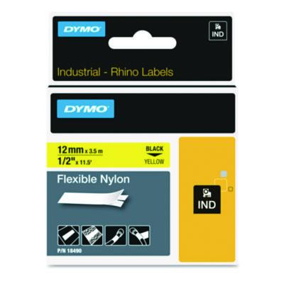 Rhino Flexible Nylon Industrial Label Tape, 0.5" X 11.5 Ft, Yellow/Black Print