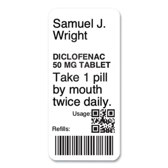 Lw Durable Labels, Medical Prescription Label, 1" x 2.13", White, 500 Labels/Roll