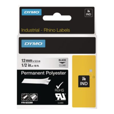Rhino Permanent Vinyl Industrial Label Tape, 0.5" X 18 Ft, Clear/Black Print