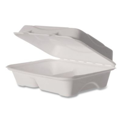 Vanguard Renewable And Compostable Sugarcane Clamshells, 3 Compartments, 9 x 6 x 3, White, 250/Carton