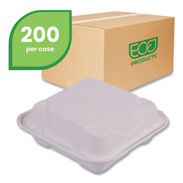 Vanguard Renewable And Compostable Sugarcane Clamshells, 3 Compartments, 8 x 8 x 3, White, 200/Carton