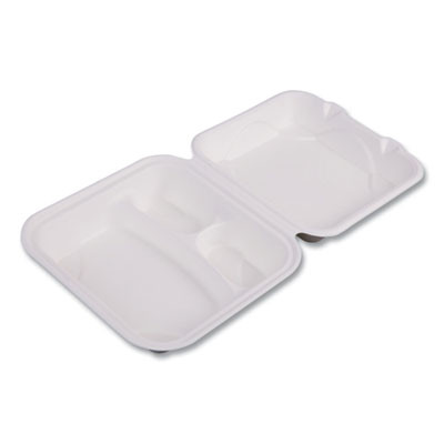 Vanguard Renewable And Compostable Sugarcane Clamshells, 3 Compartments, 8 x 8 x 3, White, 200/Carton