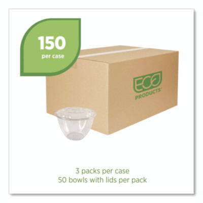 Renewable And Compostable Salad Bowls With Lids, 48 Oz, Clear, Plastic, 150/Carton