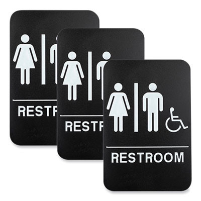 Indoor/Outdoor Restroom Sign With Braille Text And Wheelchair, 6" x 9", Black Face, White Graphics, 3/Pack