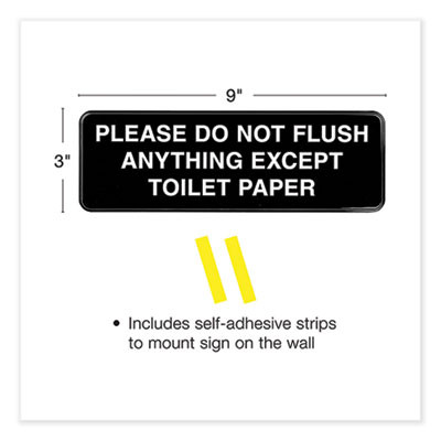 Please Do Not Flush Indoor/Outdoor Wall Sign, 9" x 3", Black Face, White Graphics, 3/Pack
