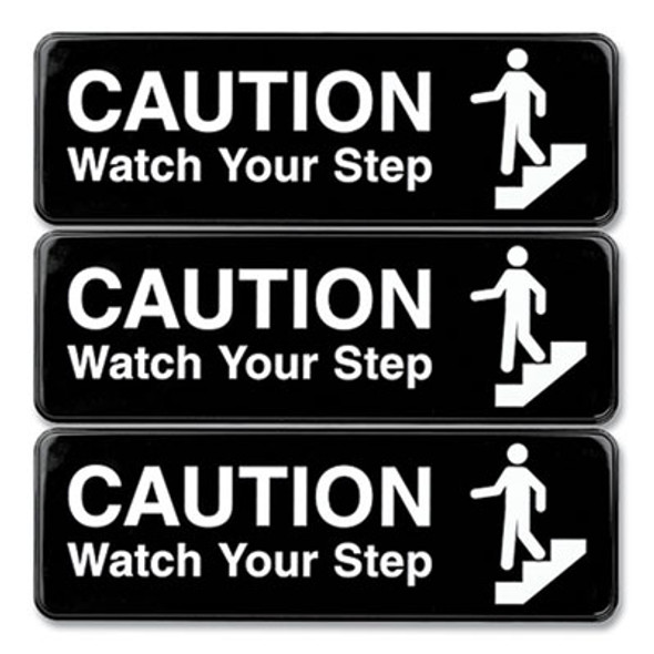 Caution Watch Your Step Indoor/Outdoor Wall Sign, 9" x 3", Black Face, White Graphics, 3/Pack