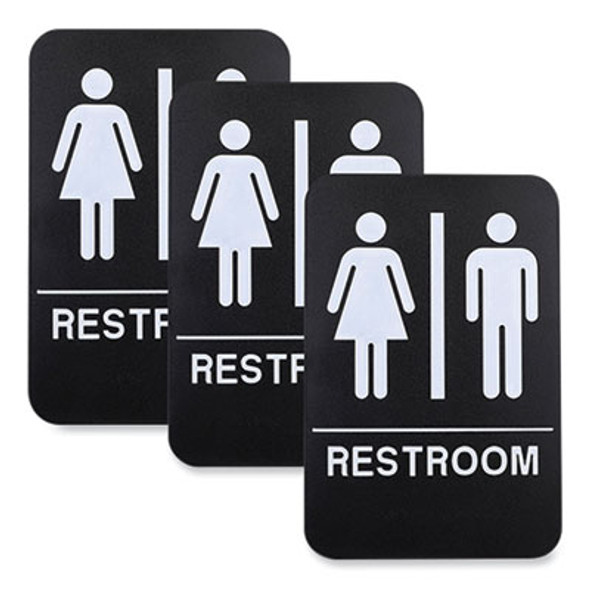 Indoor/Outdoor Restroom With Braille Text, 6" x 9", Black Face, White Graphics, 3/Pack