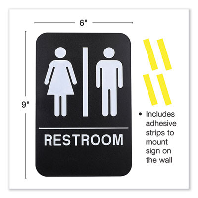 Indoor/Outdoor Restroom With Braille Text, 6 x 9, Black Face, White Graphics, 3/Pack