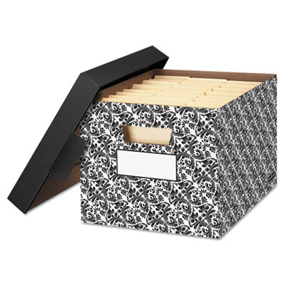 Stor/File Decorative Medium-Duty Storage Box, Letter/Legal Files, 12.5" X 16.25" X 10.5", Black/White Brocade Design, 4/Ct