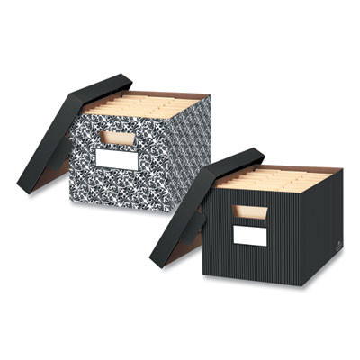 Stor/File Decorative Medium-Duty Storage Box, Letter/Legal Files, 12.5" X 16.25" X 10.25", Black/Gray Pinstripe Design, 4/Ct