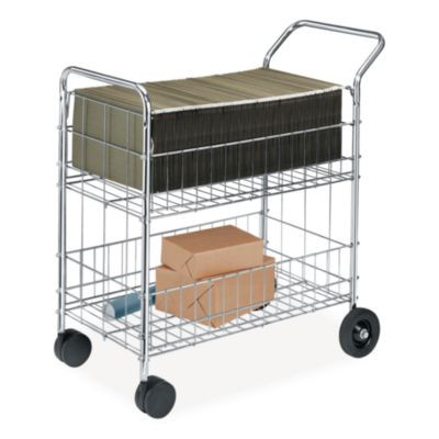 Wire Mail Cart, Metal, 2 Bins, 21.5" x 37.5" x 39.5", Chrome