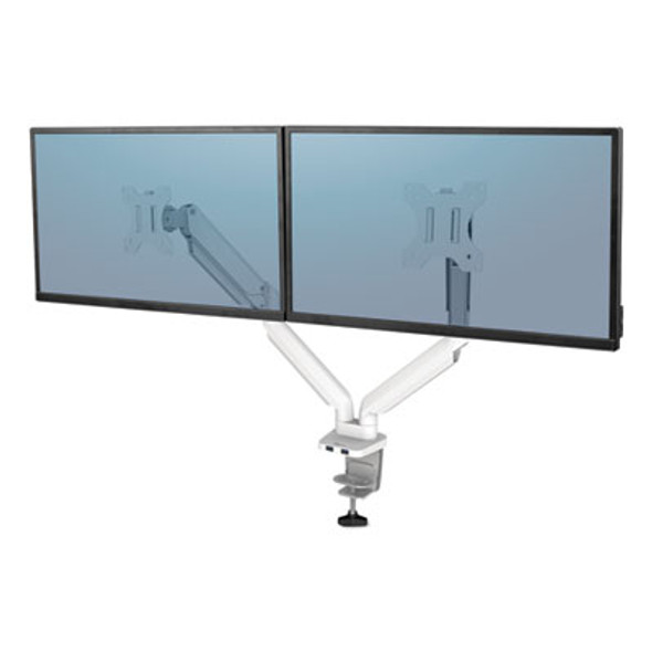 Platinum Series Dual Monitor Arm, For 40" Monitors, 360 Deg Rotation, 45 Deg Tilt, 180 Deg Pan, White, Supports 17.6 Lb