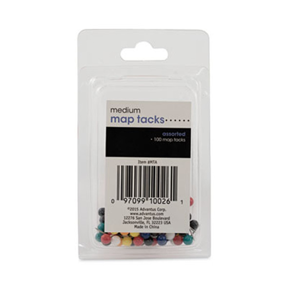 Map Tacks, Plastic, Assorted, 0.38", 100/Box