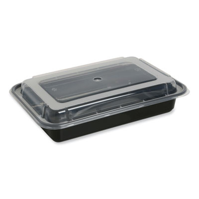 Microwavable Food Container With Lid, Rectangular, 28 Oz, 8.81 x 6.02 x 2.04, Black/Clear, Plastic, 150/Carton
