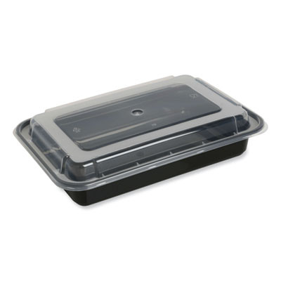 Microwavable Food Container With Lid, Rectangular, 32 Oz, 8.81 x 6.02 x 2.24, Black/Clear, Plastic, 150/Carton