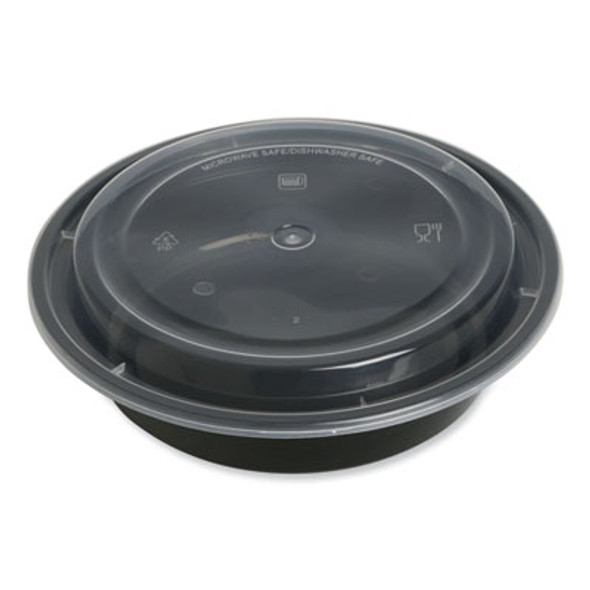 Microwavable Food Container With Lid, Round, 24 Oz, 7.28 x 7.28 x 1.96, Black/Clear, Plastic, 150/Carton