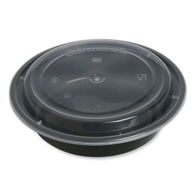 Microwavable Food Container With Lid, Round, 24 Oz, 7.28 x 7.28 x 1.96, Black/Clear, Plastic, 150/Carton
