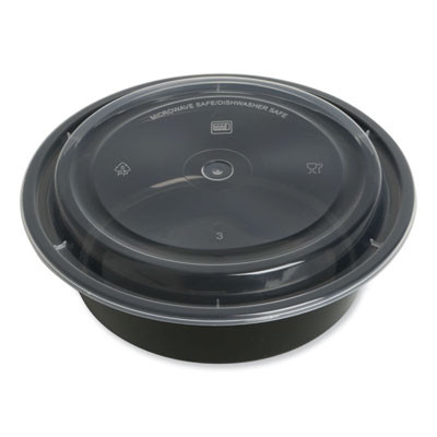 Microwavable Food Container With Lid, Round, 32 Oz, 7.28 x 7.28 x 2.55, Black/Clear, Plastic, 150/Carton