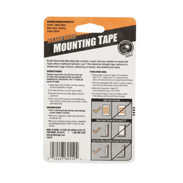 Heavy Duty Mounting Tape, Permanent, Holds Up To 30 Lbs, 1" x 60", Black