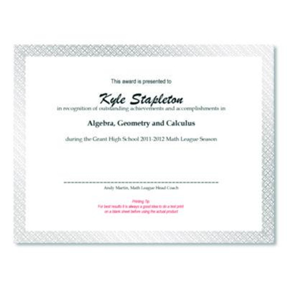 Foil Border Certificates, 8.5 X 11, Ivory/Silver, Braided With Silver Border, 15/Pack