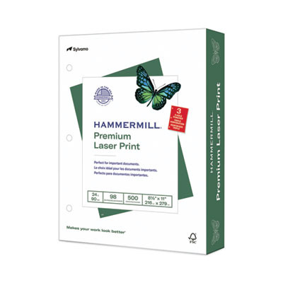 Premium Laser Print Paper, 98 Bright, 3-Hole, 24 Lb Bond Weight, 8.5 x 11, White, 500/Ream