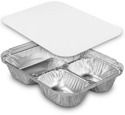 Three-Compartment Oblong Food Container, 24 Oz, 6.38 x 1.47 x 8, Silver, Aluminum, 500/Carton