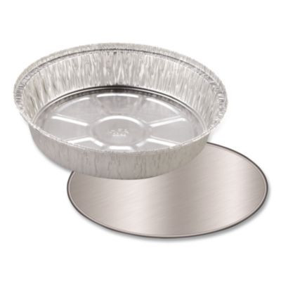 Round Aluminum Container With Lid, 48 Oz, 9" Diameter, Silver, 500/Carton