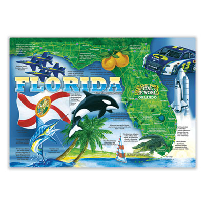 Placemats, Culture And Geography Of Florida, Smooth Surface, Straight Edges, 14" x 10", Blue/Green/Orange, 1,000/Carton