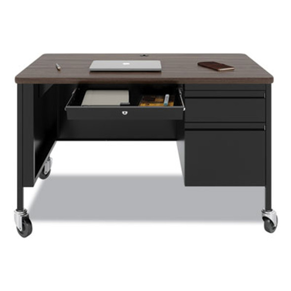 Mobile Teachers Pedestal Desks, Right-Hand Pedestal: Box/File Drawers, 48" x 30" x 29.5", Walnut/Black