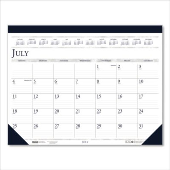 Recycled Academic Desk Pad Calendar, 18.5 x 13, White/Blue Sheets, Blue Binding/Corners, 14-Month: July 2025 To Aug 2026