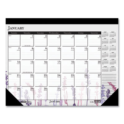 Recycled Desk Pad Calendar, Wild Flowers Artwork, 22 x 17, White Sheets, Black Binding/Corners,12-Month (Jan-Dec): 2026