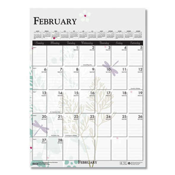 Recycled Wild Flower Wall Calendar, Wild Flowers Artwork, 12 x 16.5, White/Multicolor Sheets, 12-Month (Jan To Dec): 2026