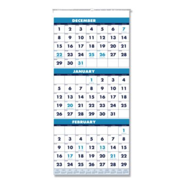 Recycled Three-Month Format Wall Calendar, Vertical Orientation, 12.25 x 26, White Sheets, 14-Month: Dec 2025 To Jan 2027