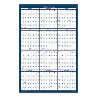 Recycled Poster Style Reversible/Erasable Yearly Wall Calendar, 24 x 37, White/Blue/Gray Sheets, 12-Month (Jan To Dec): 2026
