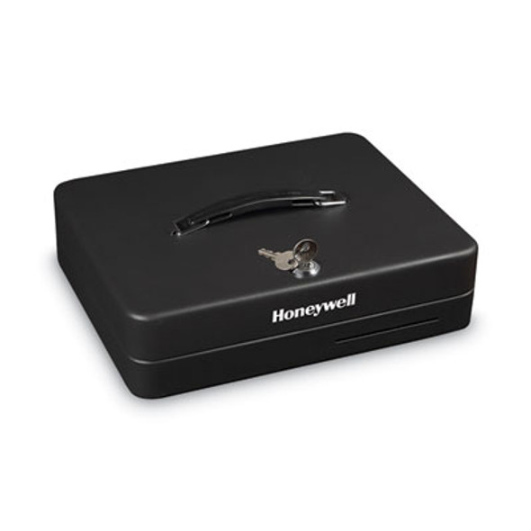 Deluxe Cash Security Box, 13 Compartments, Key Lock, 11.8" x 9.4" x 3.7", Black
